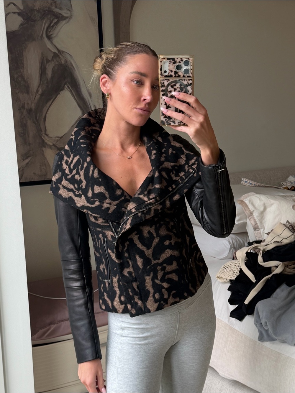 DVF funnel neck leopard leather jacket